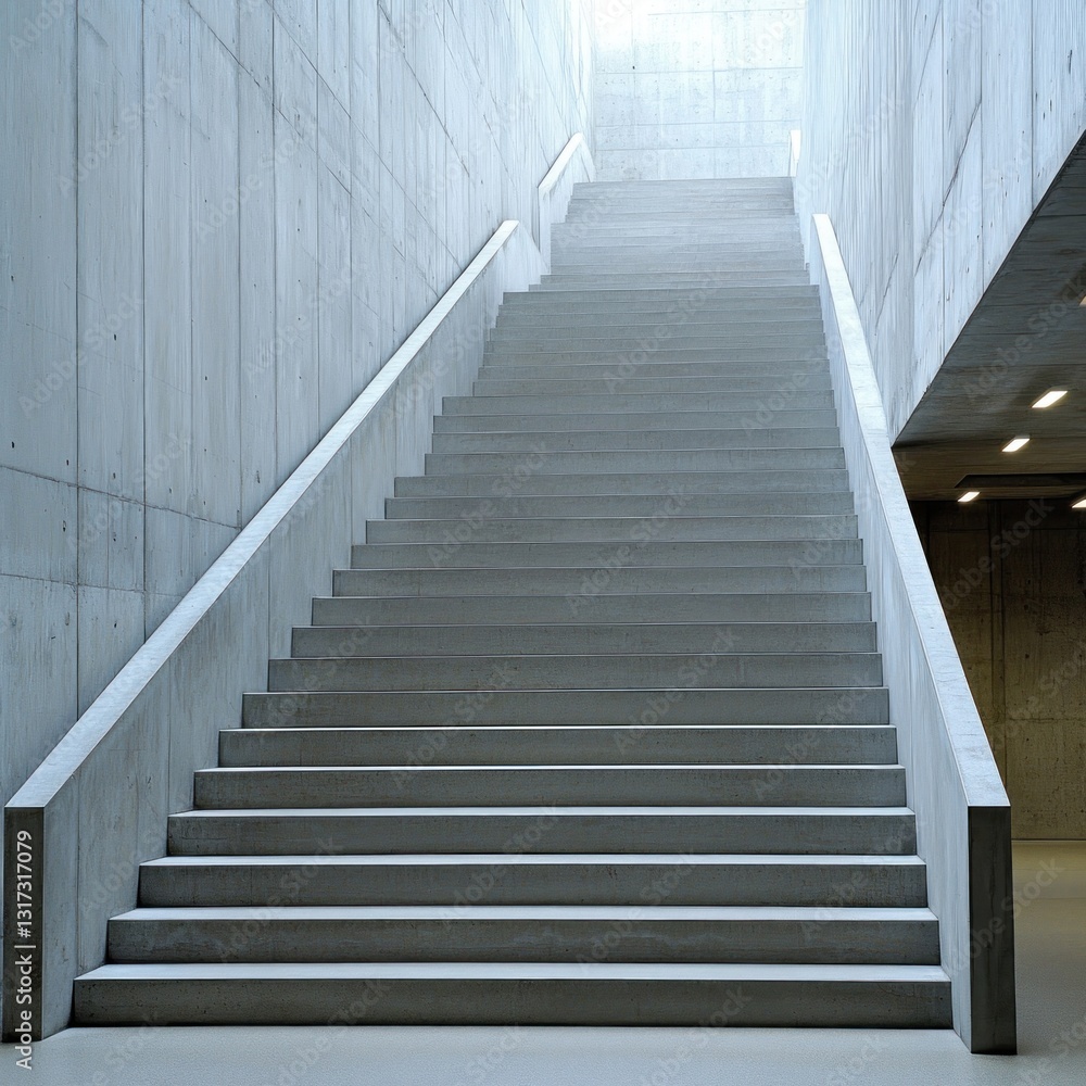 Stark concrete staircase leading upward. Minimalist, clean, bright light from above Stark concrete staircase leading upward. Minimalist, clean, bright light from above