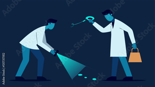Team Collaboration Illustrate two investigators collaborating one holding a flashlight to illuminate a dark area while the other collects hair fibers with tweezers.