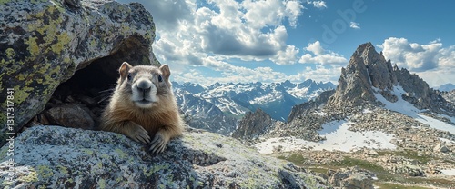 Marmot peering from rock crevice overlooking majestic mountain range.