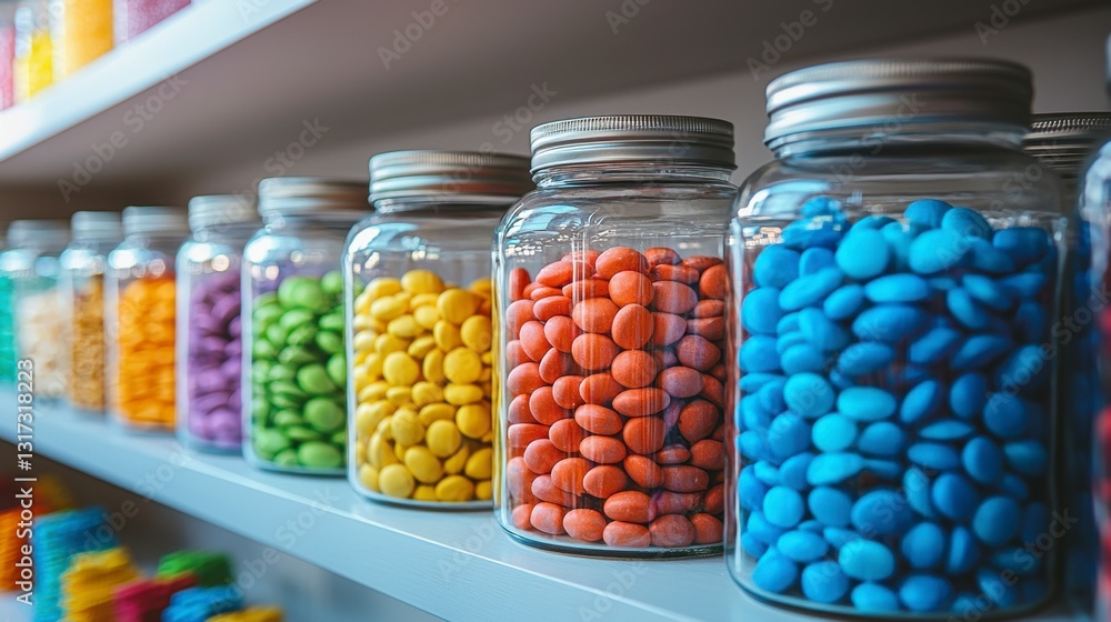 Colorful candy in glass jars on a white shelf. Bright, cheerful and sweet. A variety of colors and sizes of candy. Colorful candy in glass jars on a white shelf. Bright, cheerful and sweet. A variety of colors and sizes of candy.