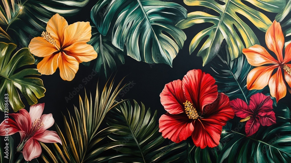 Luxurious tropical botanical design with large glossy leaves and bright, bold exotic flowers. Luxurious tropical botanical design with large glossy leaves and bright, bold exotic flowers.