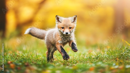 Red fox kit running, autumn forest, playful, nature photo