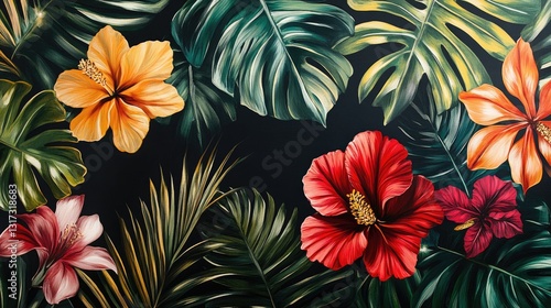 Luxurious tropical botanical design with large glossy leaves and bright, bold exotic flowers.