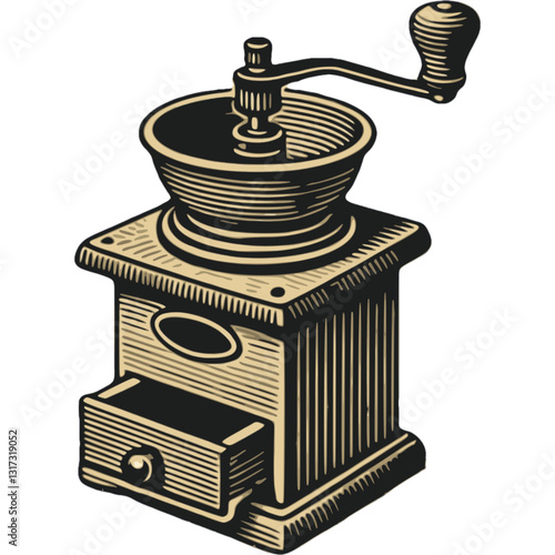Vintage Woodblock Print Coffee Grinder – Retro Hand-Drawn Manual Mill Illustration