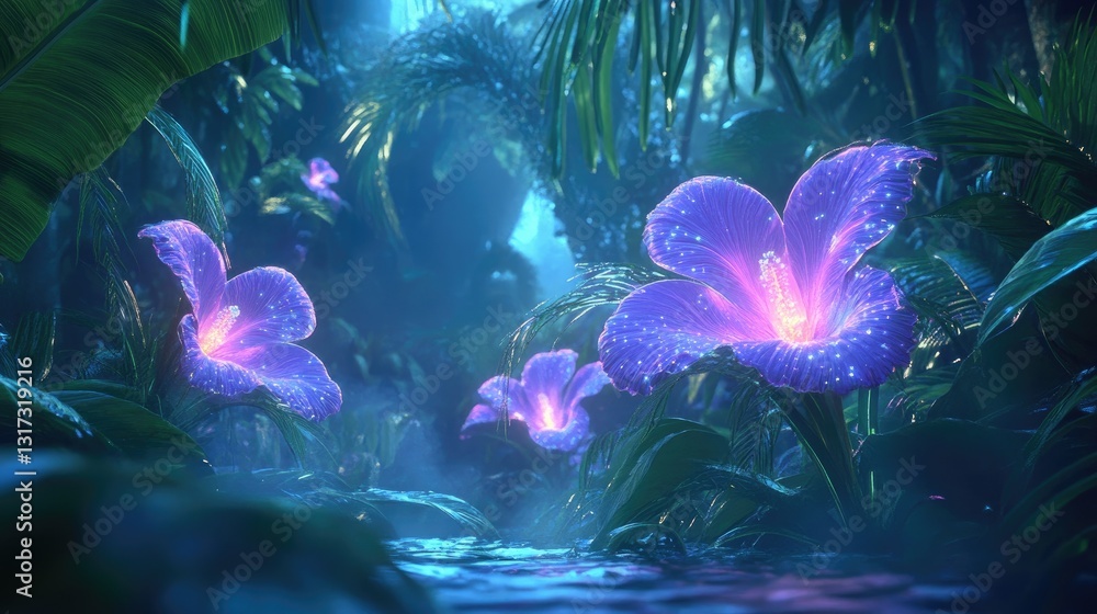 Naklejka premium Magical rainforest bloom with glowing exotic flowers and deep emerald green leaves.