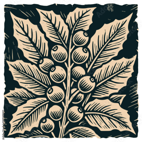 Vintage Woodblock Print Coffee Leaves – Retro Botanical Hand-Drawn Coffee Plant Illustration