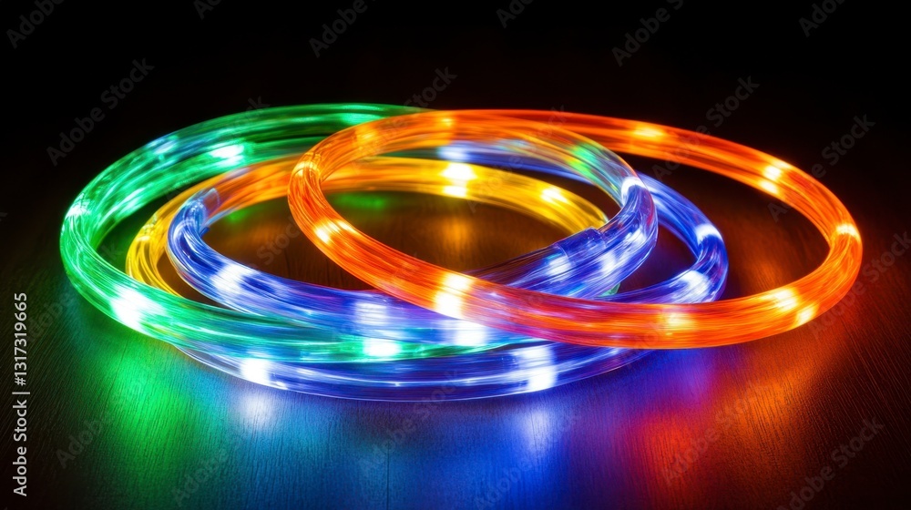 Multicolored LED light strings arranged in overlapping circles on a dark reflective surface. The lights emit a vibrant glow, casting colorful reflections. Multicolored LED light strings arranged in overlapping circles on a dark reflective surface. The lights emit a vibrant glow, casting colorful reflections.