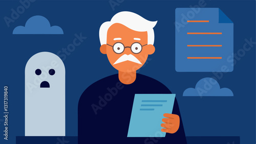 Identity Theft A depiction of an older adult looking distressed while checking their bank statement with ghostly figures behind them representing identity thieves accessing