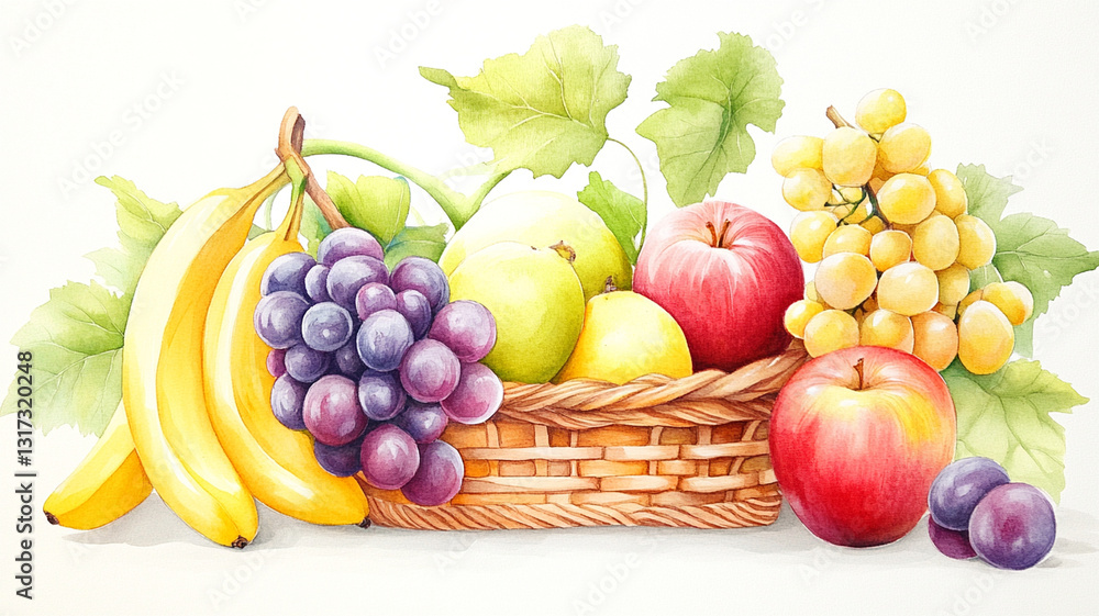 Fresh fruit basket with grapes, apples, and bananas Fresh fruit basket with grapes, apples, and bananas