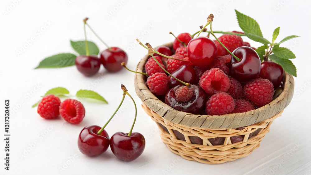 Fresh cherries and raspberries in small basket Fresh cherries and raspberries in small basket