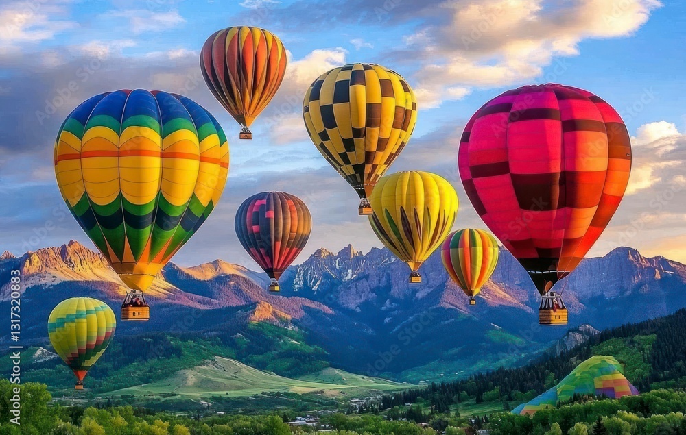 Obraz premium Colorful Hot Air Balloons Floating Over Green Valley and Mountain Scenery