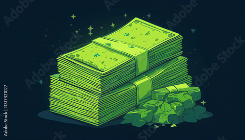 Green dollar bills cartoon money stack of cash vibrant green color simplified design, flat illustration financial concept