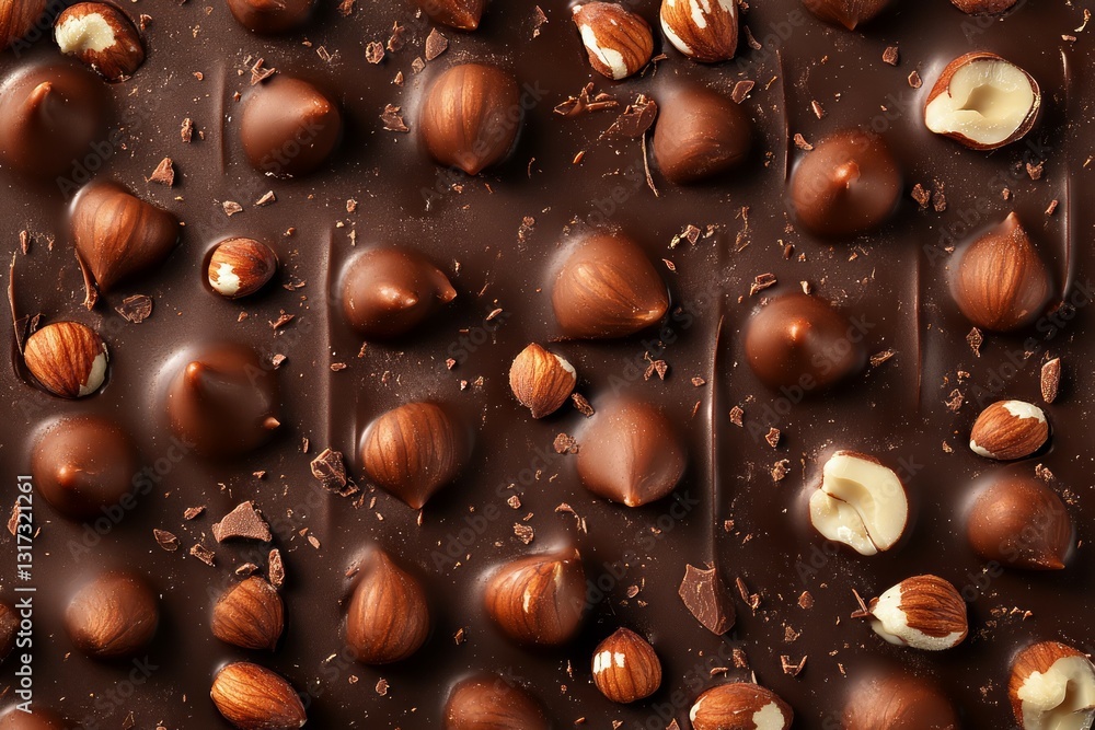 Fototapeta premium Assorted nuts on rich chocolate surface. AI generated