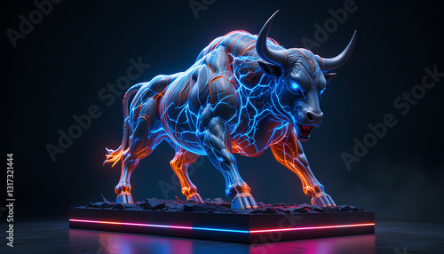 Powerful bull sculpture, vibrant neon lighting futuristic style. Massive bull muscular form charging stance intense expression