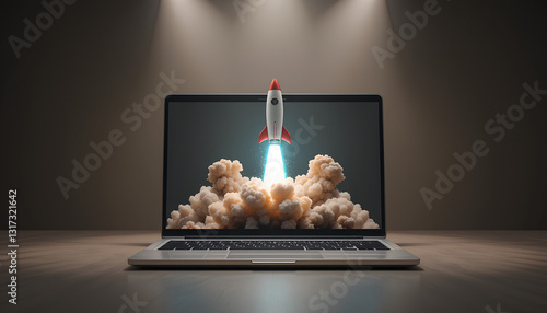 A silver laptop computer, open displays a vibrant rocket launching from its screen