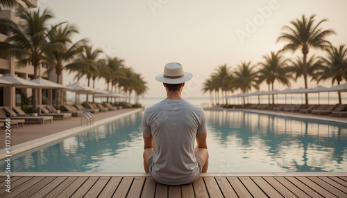 A middle-aged man light-skinned is seated on a wooden deck overlooking a swimming pool and ocean. He wears a light gray t-shirt and a white sun hat