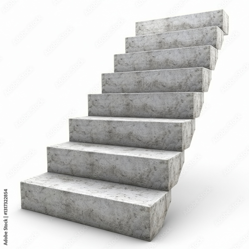 A curved concrete staircase against a white background. The steps are made of textured gray concrete. The image is simple and clean. A curved concrete staircase against a white background. The steps are made of textured gray concrete. The image is simple and clean.