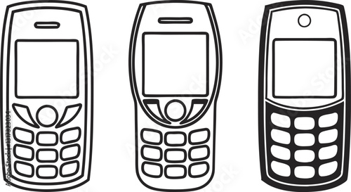 Three black and white illustrations of classic mobile phones, showcasing different designs and keypads.