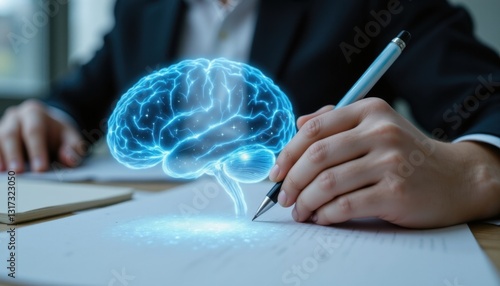 A close up image of a hand writing on a blank surface overlaid with a transparent hologram of a brain