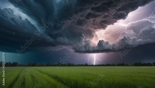 Dramatic lightning strike over a green field, wide shot powerful lightning bolt streaking across a dramatic sky filled with dark stormy clouds