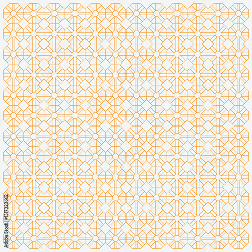 Intricate Geometric Pattern with Symmetric Repeating Design, Ornamental Lattice, Islamic Art Inspired, Decorative Grid, Abstract Line Art, Tessellated Structure, Octagonal and Circular Motif, Gold Lin
