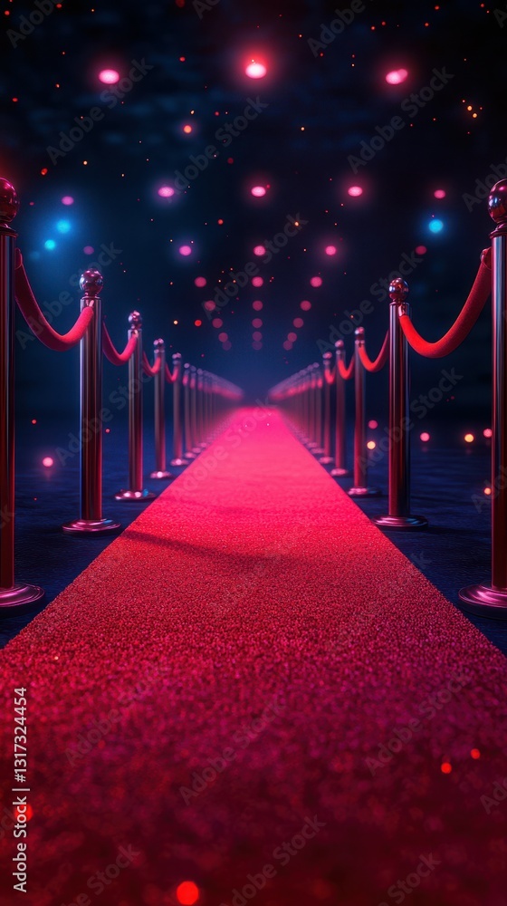 Brightly lit red carpet pathway lined with velvet ropes leading to a glamorous event space at night Brightly lit red carpet pathway lined with velvet ropes leading to a glamorous event space at night