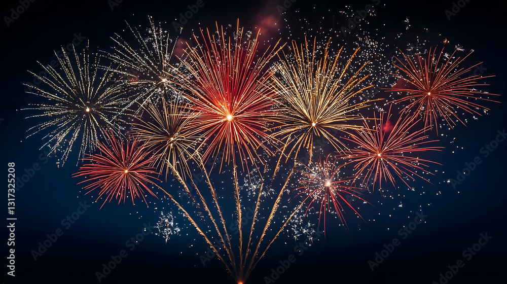 Fototapeta premium Spectacular Fireworks Display in the Night Sky with Vibrant Colors of Red Orange Gold and White Bursts
