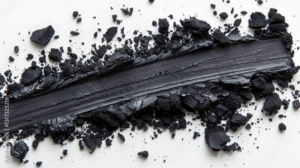 Abstract black crushed pigment texture on white background