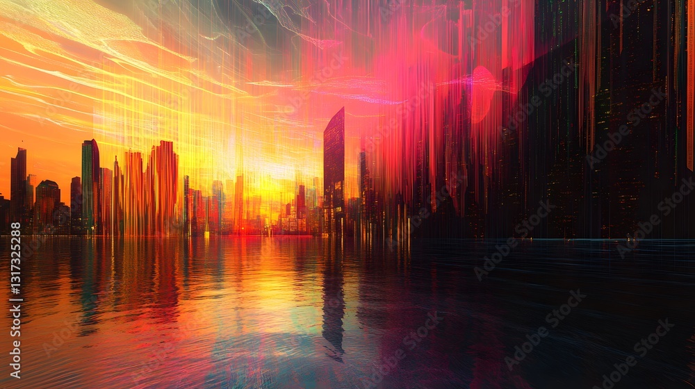 Obraz premium An abstract city skyline at sunset where buildings blend with vibrant colors, symbolizing urban life and modernity