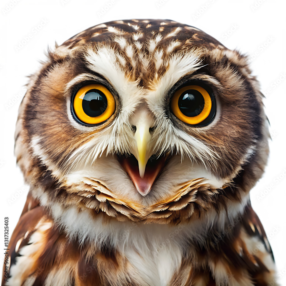 Fototapeta premium Surprised Brown Owl with Bright Yellow Eyes and Open Beak - Isolated on White Background as Transparent. PNG. AI GENERATED
