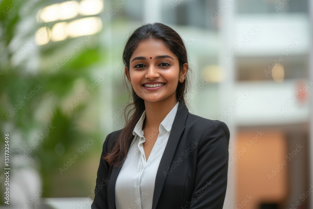 A confident and charismatic Indian businesswoman, dressed in sharp formal attire, exudes professionalism and positivity with a warm, engaging smile A confident and charismatic Indian businesswoman, dressed in sharp formal attire, exudes professionalism and positivity with a warm, engaging smile