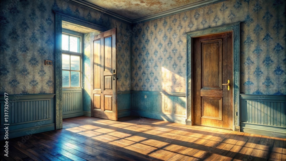 Obraz premium Sunlight streams through a dusty window in a forgotten room, illuminating the worn wooden floor and faded floral wallpaper.