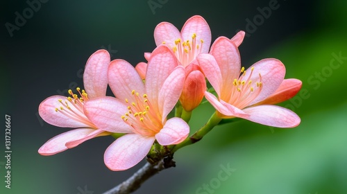Close up of three delicate light pink flowers with yellow centers, on a branch against a blurred green background.