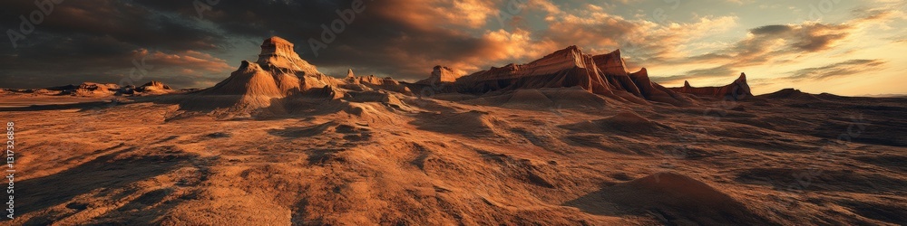 Naklejka premium Landscape of badlands formations at sunset, featuring dramatic rock formations with ridged, weathered profiles against golden-orange skies with scattered clouds. Generative AI