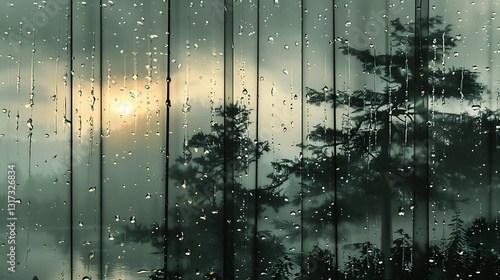 Raindrops streaming down a glass window, curtains slightly parted to reveal a moody outdoor scene with silhouetted trees against a gray, overcast sky, soft interior light creating a warm contrast,