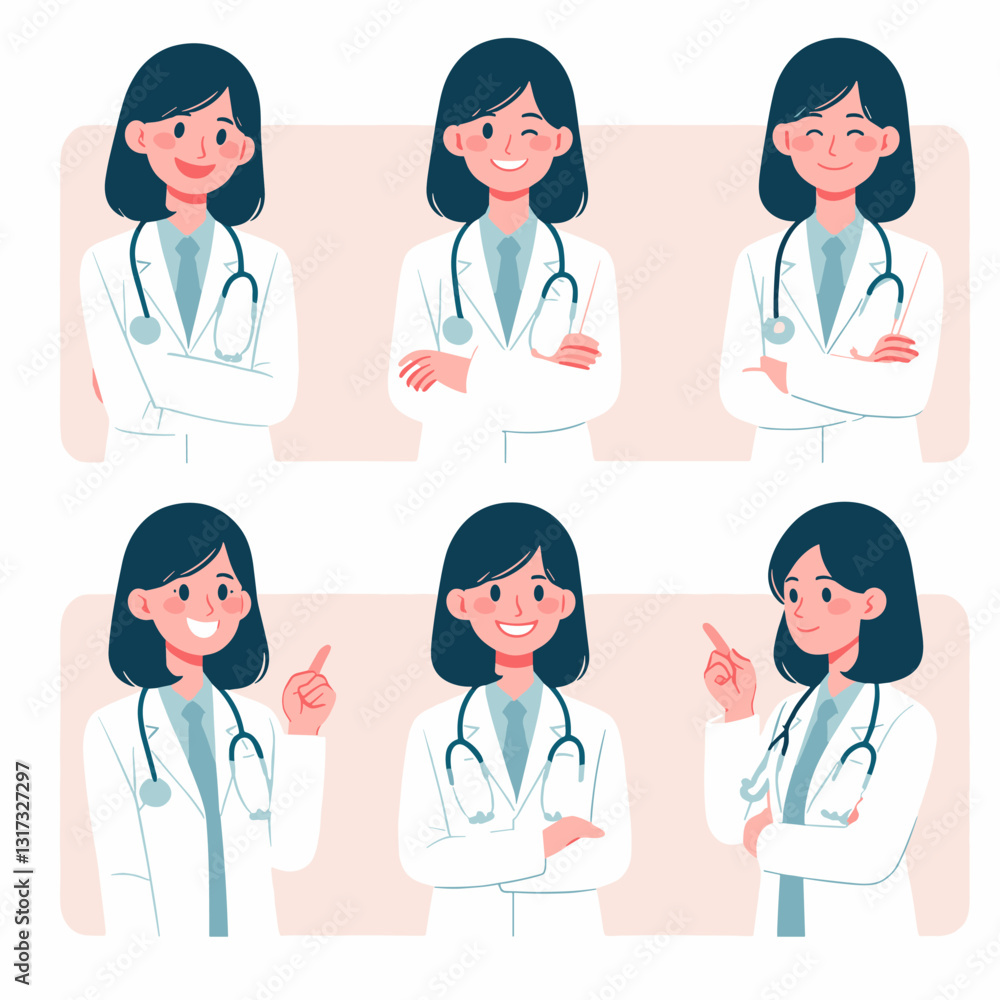 Portraits of Cartoon Doctors with Different Poses and Friendly Expressions