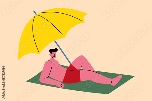 Minimalist illustration of a man sunbathing under a beach umbrella. Perfect for summer, vacation, relaxation, and travel concepts in blogs, ads, and social media.