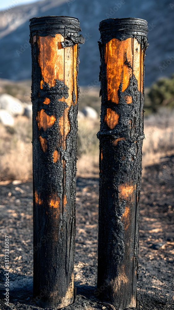 Fototapeta premium Burnt wooden posts stand sentinel in scorched landscape