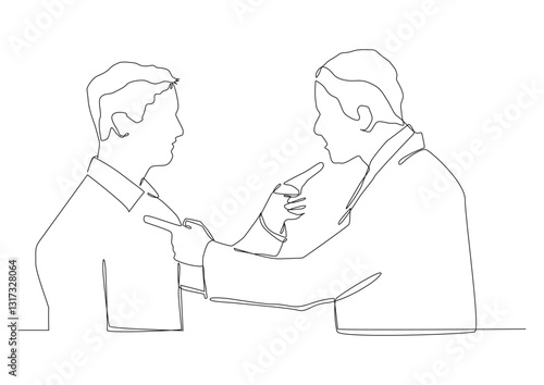 Continuous one line art of a man points a finger at one, voting concept, appointing responsible person, victim bullying, abolition culture.

