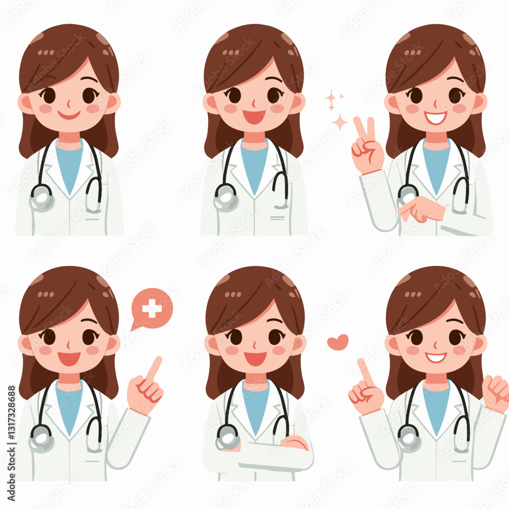 Set of cheerful female doctor expressions, wearing a white coat and stethoscope Set of cheerful female doctor expressions, wearing a white coat and stethoscope