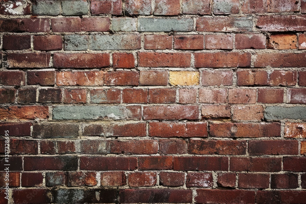 Fototapeta premium Textured red brick wall with white mortar in natural light. AI generative