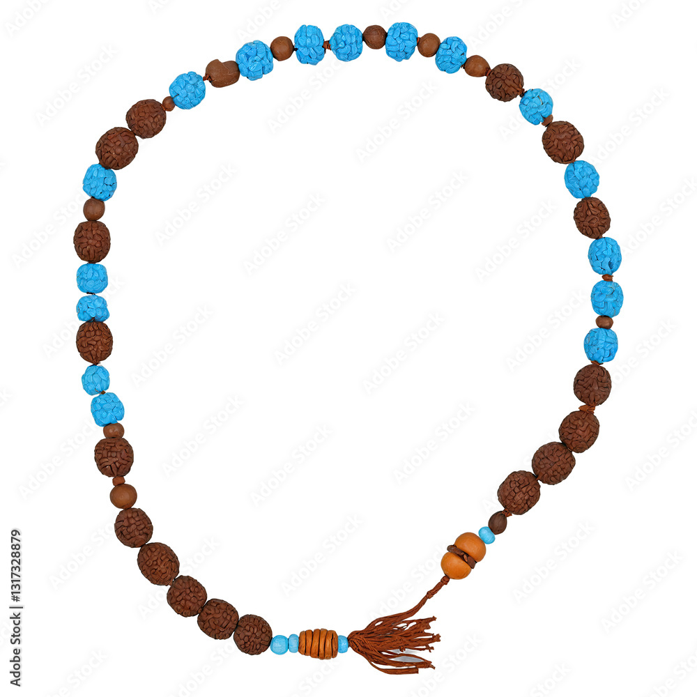 Illuminated beaded necklace featuring lotus seed and blue glowing accents, set against a transparent background Illuminated beaded necklace featuring lotus seed and blue glowing accents, set against a transparent background