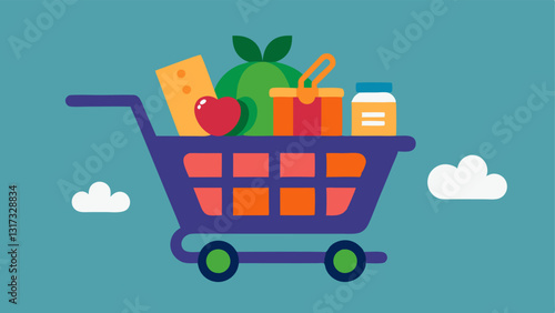 Grocery Expenses A shopping cart filled with groceries with icons representing healthy homecooked meals suggesting reduced meal costs by working from home.