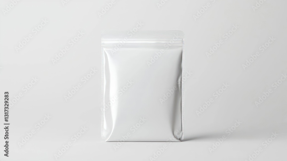 Isolated White Plastic Pouch Package with Zipper Seal in Front View on White Background Isolated White Plastic Pouch Package with Zipper Seal in Front View on White Background