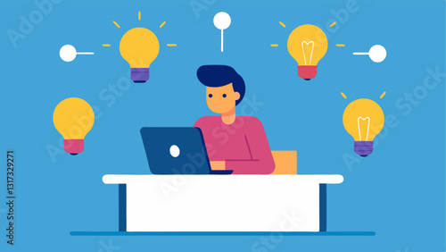 Idea Submission Portal A person sitting at a desk accessing an online platform where individuals can submit their innovative product ideas with colorful lightbulbs representing
