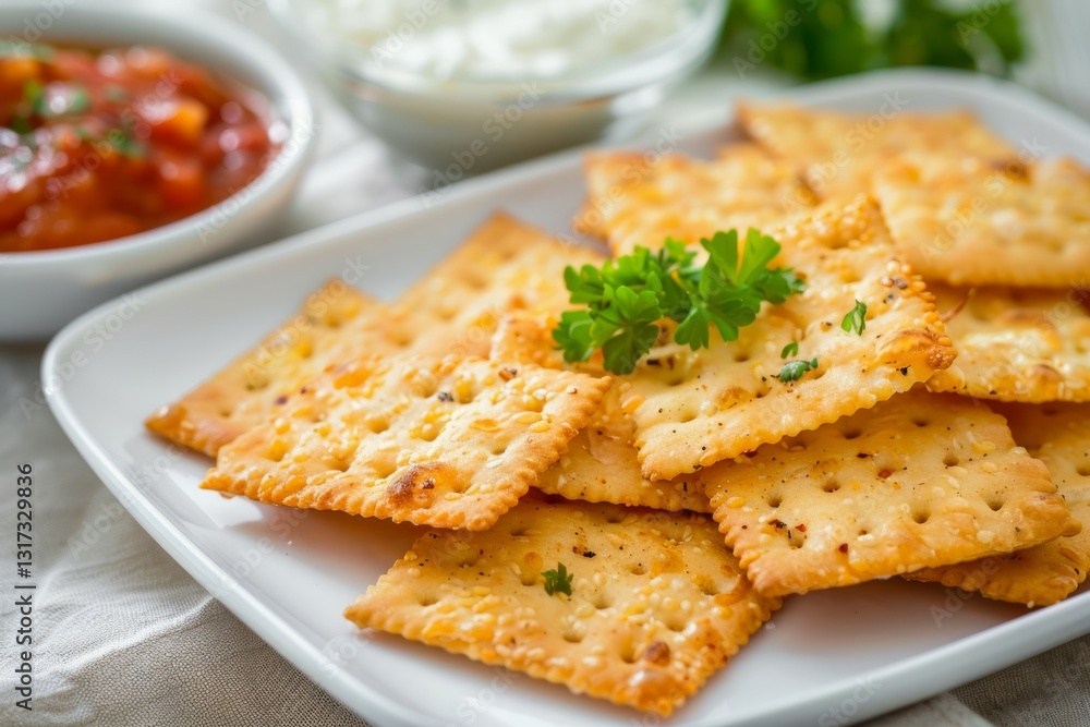 Spicy crackers on plate with salsa and herbs. Artificial intelligence image Spicy crackers on plate with salsa and herbs. Artificial intelligence image