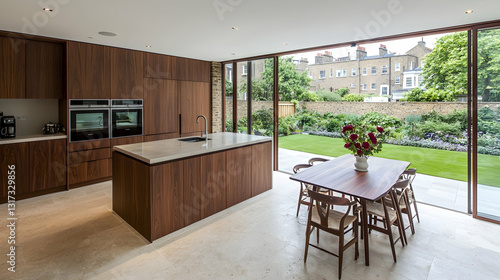 Modern kitchen opens to garden, dining area; London home interior design, showcasing luxury lifestyle