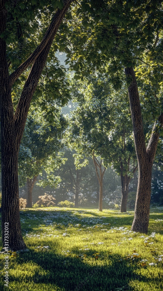 A serene park scene featuring lush greenery and grass A serene park scene featuring lush greenery and grass