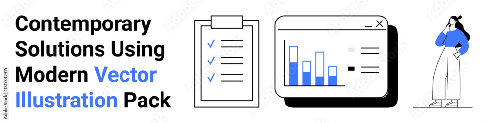 Woman standing thoughtfully, clipboard with checkmarks, analytics dashboard with bar charts. Ideal for productivity, data analysis, planning, decision-making, project management, workflow flat