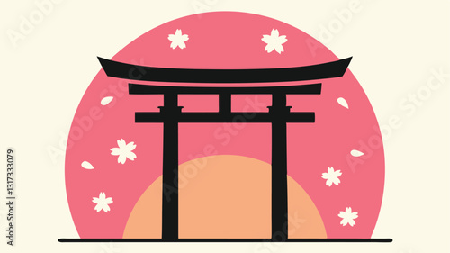 A stylized illustration of a traditional Japanese torii gate, set against a backdrop of a vibrant pink sunrise.